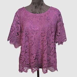 Simply Emma Blouse 2X Purple Lace Overlay Short Sleeve Floral Crochet Top Boho